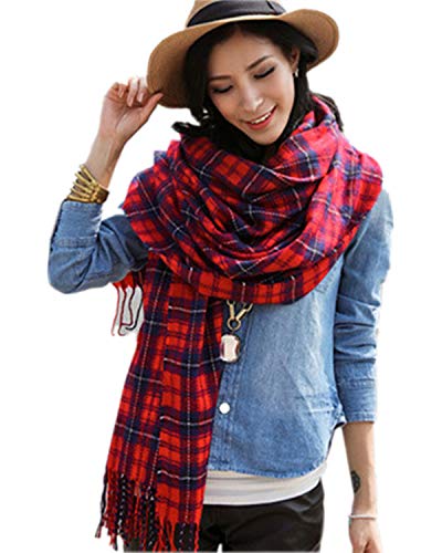 Mocasor Plaid Blanket Scarves for Women, Ladies Fashion Winter Warm Tartan Oversized Long Checked Shawls and Wraps (03 Red Blue Plaid)