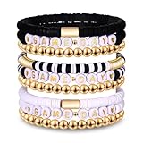 NLCAC 9 Pack Game Day Bracelets Stackable Heishi Beaded Stretchy Bracelet Preppy Jewelry Baseball Football Team Bracelets Sports Fan Accessories Gifts (Black White)
