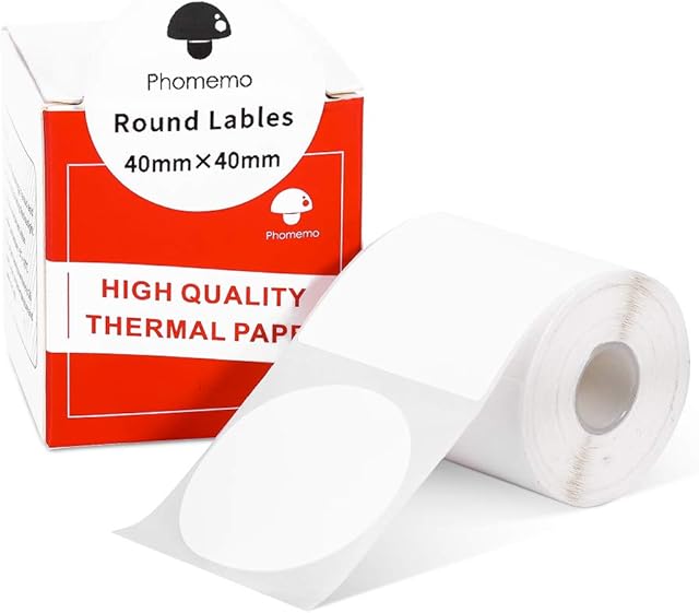 Phomemo M110 M120 M200 M220 White Round Label, 1.57"x1.57" (40x40mm) Sticky Thermal Labels Printer Paper, White