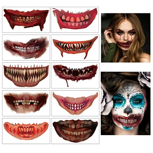 Tatuajes Temporales Halloween, 10 Hojas Tattoo de Halloween, Impermeables Falsos de Boca Tatuajes para Adultos Niños Maquillaje de Carnaval (Boca Tatuajes) Cover