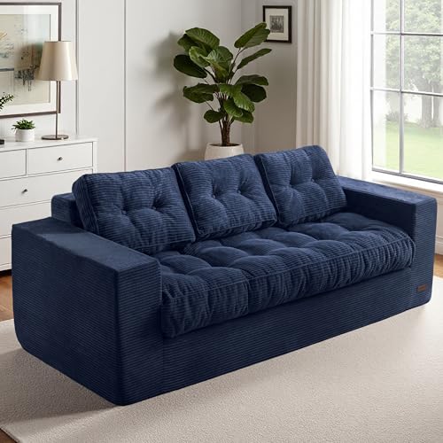 Image of MAXYOYO Loveseat Sofa Couch, Upholstered Bean Bag Chair Cloud Seat for Adults, Boneless Couch with Cushion & Pillows, Sofa in A Box, No Assembly Required, Corded Navy, 3-Seat