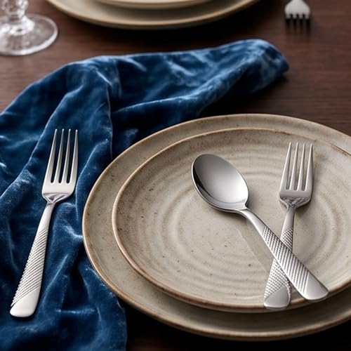 Image of Sterling Silver French Style Silverware | 5-Piece Hammered Dessert Spoon Set | Premium 18 /10 Stainless Steel Flatware | Elegant Cutlery for Home, Restaurants & Gifting