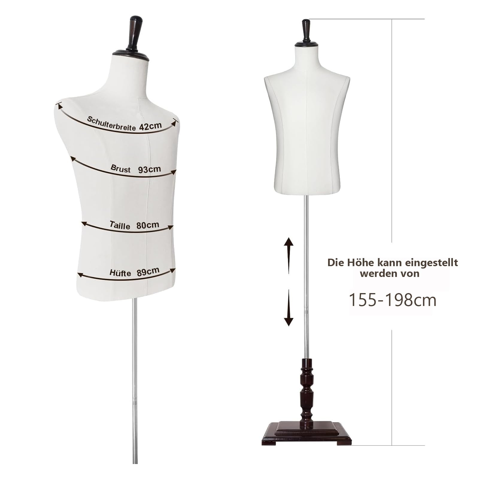 Männlicher Schaufensterpuppen-Torso mit höhenverstellbarem Holzständer für Bekleidungsgeschäfte und Schneidereien