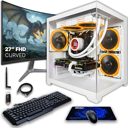Image of SAAV Drex Prebuilt Gaming PC Bundle Desktop Tower Intel Core i7-12700KF GeForce RTX 5060 8GB GDDR6 Curved 27in Monitor 16GB DDR4 512GB NVMe SSD WiFi 6 Windows 11 White RGB Computer PC Gaming