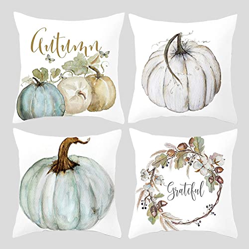 HIQE-FL Set de 4 Fundas de Cojín Acción de Gracias,Otoñal Cojines Decorativos,Funda de Almohada de Lino,Funda de Cojín Otoño,Funda de Cojín 45x45cm,Fundas Cojines del Sofá
