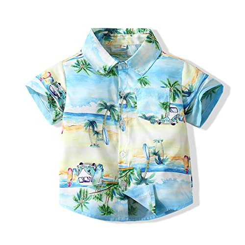 Baby Boys Casual Cartoon Print Tee Button Down Slim-Fit Tops Short Sleeve Aloha Hawaiian Shirt