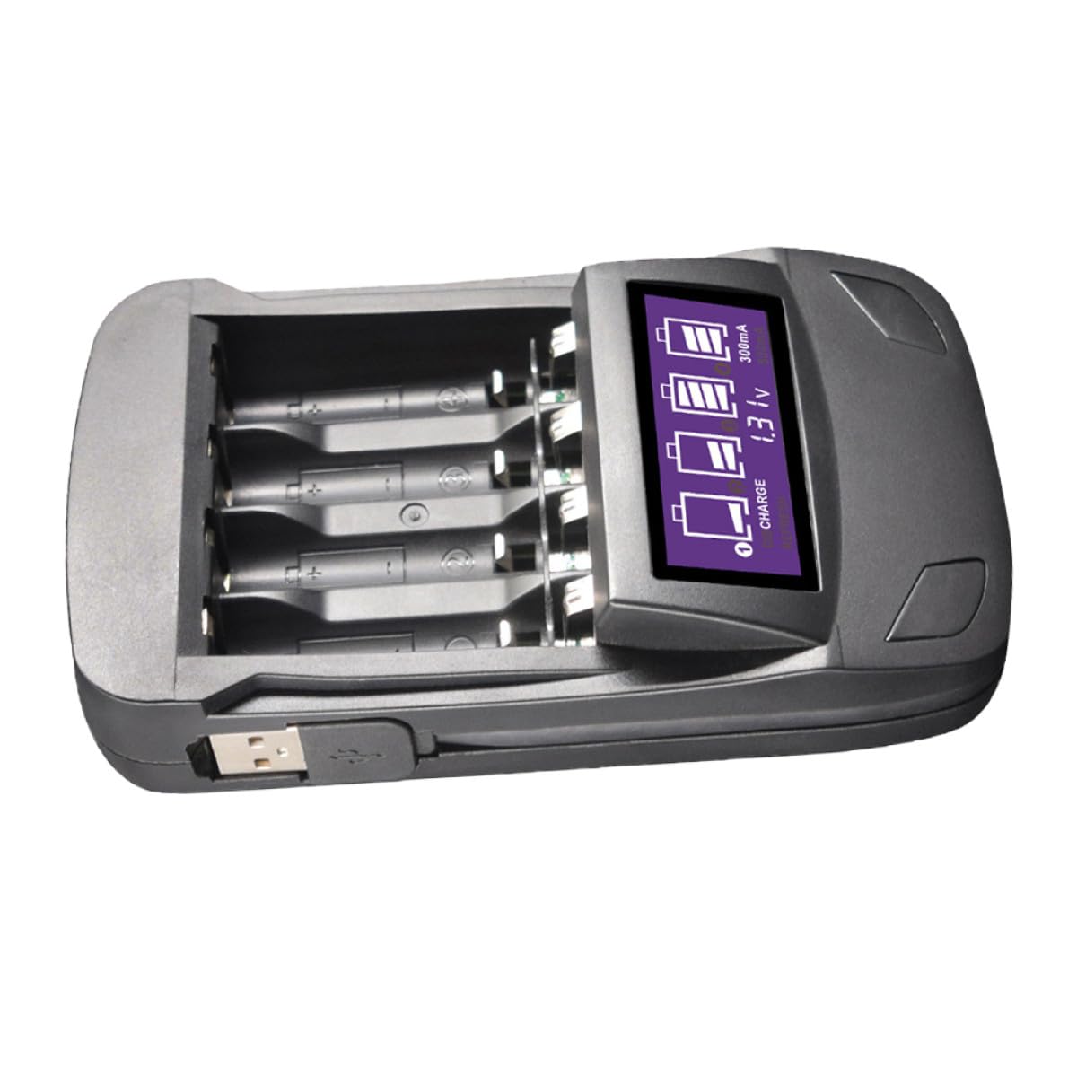 Cargador de Batería Inteligente LCD USB de 4 Ranuras | Abs Negro, 300mah 500mah 2000mah, Cable USB Incluido, Uso Doméstico y Función Multifunción