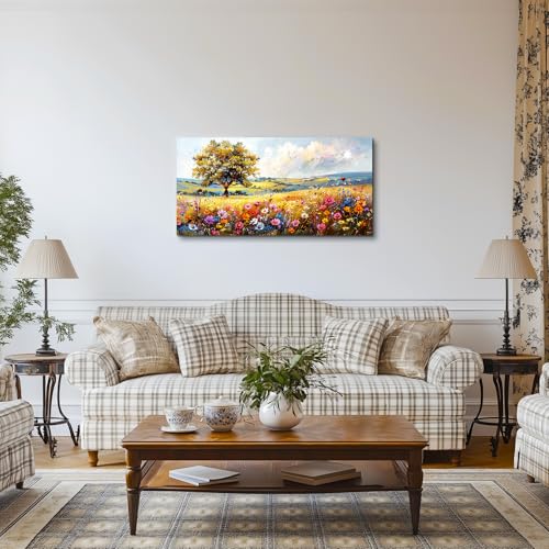 SERIMINO Spring Landscape Wall Art, Nature Tree Wildflower Large Artwork, Colorful Scenery Rustic Painting Canvas Prints, Modern Farmhouse Wall Decor Living Room Bathroom Kitchen Picture 20X40 Inch