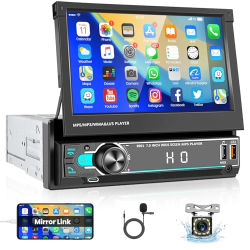 VECHTEL Autoradio 1 Din avec Écran Tactile Rabattable, Autoradio 7 Pouces avec Bluetooth, Radio FM, Prise en Charge Mirror Link, USB/AUX, Commandes au Volant, Caméra de Recul, Microphone