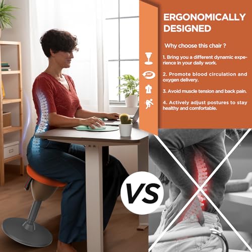 Image of XJ-HOME Height Adjustable Active Motion Stool, Standing Desk Wobble Chair, Ergonomic Stand Perch Sit Rotate 360 Balance Stool with Cushion & Non-Slip Base for Office Home Classroom Orange(Brown base)