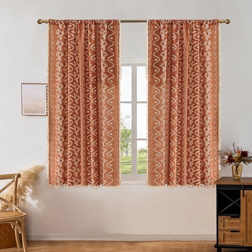 Image of Terracotta Boho Farmhouse Curtains for Living Room 2 Panels,Linen Floral Fall Curtains 54 Inches Long,Privacy Country Vine Pattern Bedroom Curtain,Let Light in Window Drapes, Burnt Orange