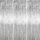 Voircoloria 3.3 x 6.6 ft Foil Fringe Backdrop Curtains, Tinsel Streamers Party Decorations, Fringe Backdrop for Birthday, Baby Shower, Gender Reveal, Graduation (3, Silver)