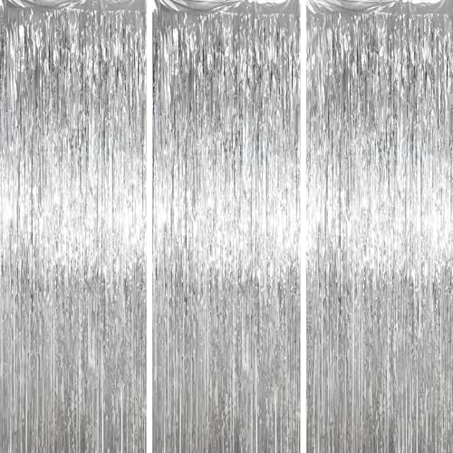 Voircoloria 3.3 x 6.6 ft Foil Fringe Backdrop Curtains Tinsel Streamers Party Decorations Fringe Backdrop for Birthday Baby Shower Gender Reveal Graduation (3 Silver)