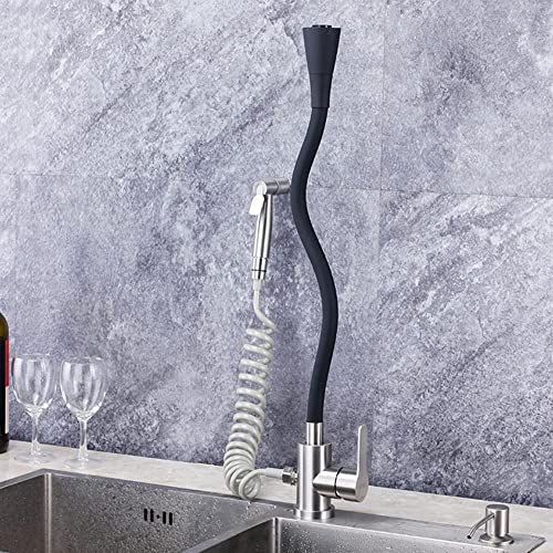Robinet de cuisine extractible anti-éclaboussures pour évier gris monotrou