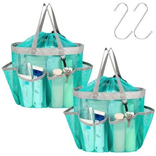 F-color Mesh Shower Caddy Portable with Drawstring - Large 8 Pockets Dorm Room Essentials for Guys Girls with S Hook, Shower Bag Basket Tote for College Camping Gym Travel Bathroom, 2 Pack Mint Green