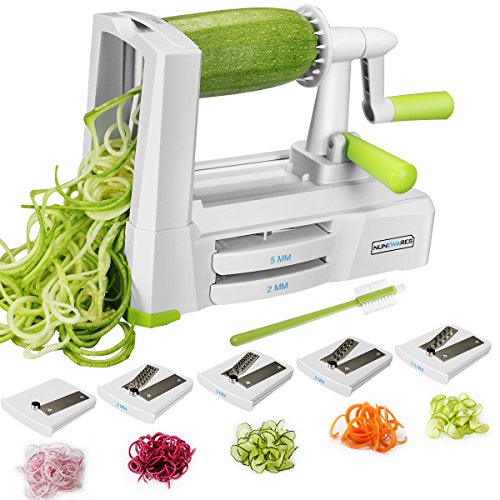 5-Blade Spiralizer Vegetable Spiral Slicer,Noodle Maker,Fruits and Veggies Slicer for Low Carb/Paleo/Gluten-Free Meals with Labeled Blades,Storage Box,Cleaning Brush and Recipe Book.