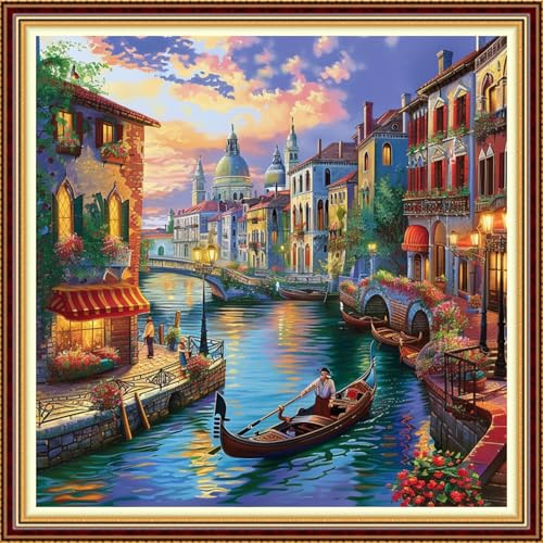 Image of Fanxvivy Stamped Counted Cross Stitch Kits for Adults Printed Cross-Stitch Patterns 11CT Stamped or Counted Cross Stitching Embroidery Kit Needlepoint Kits-Scenery of Venice on the Water 18x18 inch