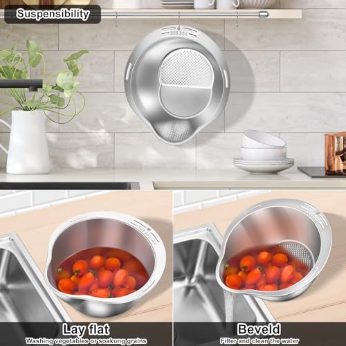Image of KesaPlan Rice Washer Strainer Bowl, 4-in-1 Quinoa Washer Bowl Stainless Steel Rice Rinser Strainer Sink Colanders With Side Drainers for Cleaning Fruits, Vegetables, and Beans, Versatile Kitchen Tool