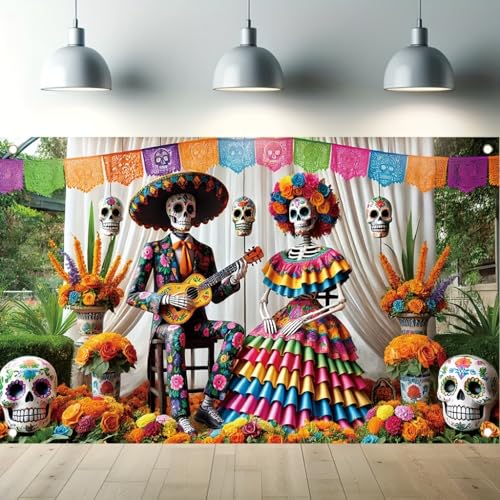Tomhong Day of The Dead Banner 71x41 Inch Halloween Party Decoration Sugar Skull SkeletonCouple Colorful Flowers Fiesta Qutdoor Indoor Decor by TOMHONG - Used condition - US$7.81