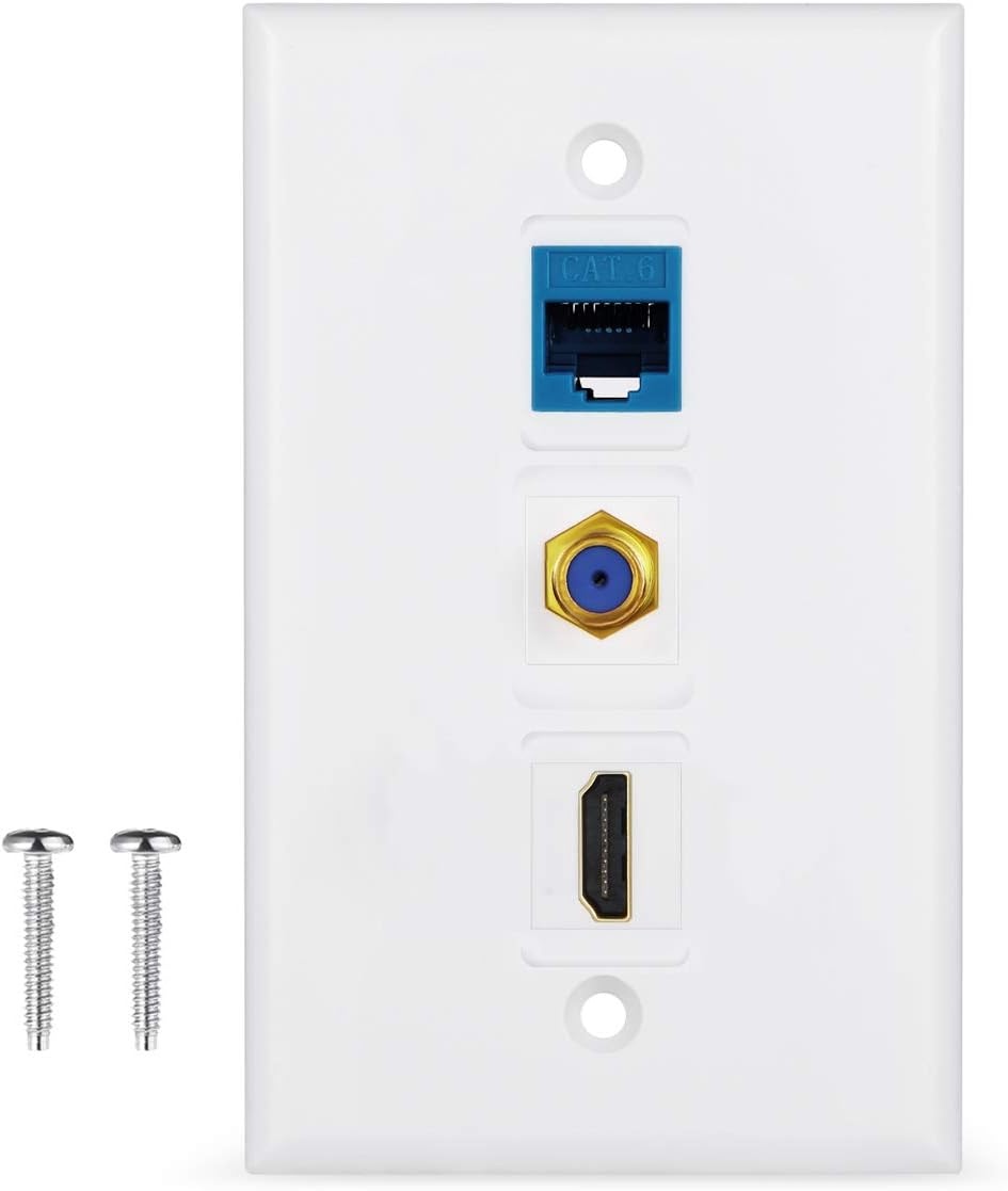 3 Port Wall Plate with Coaxial TV Cable F Type + Cat6 Ethernet + HDMI Keystone Female to Female Jack in White …