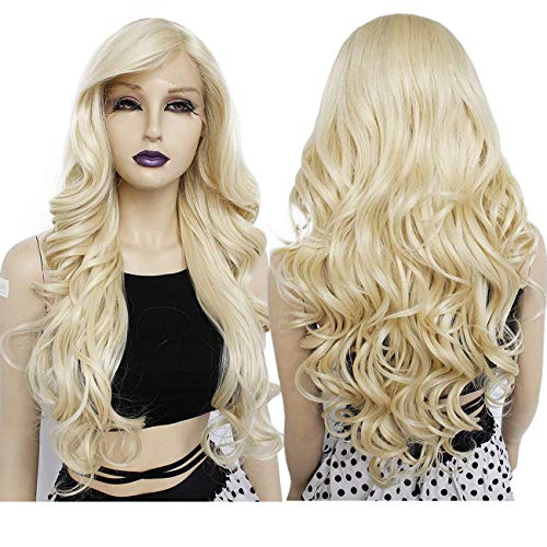 Ebingoo 28 inches Platinum with bangs blonde wig with bangs blonde wig synthetic Glueless with bab with Baby Hair Blonde Wigs with Long Body Wavy Synthetic Wig for Women for dairly wear for cosplay