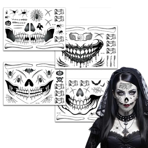 Lot de 4 feuilles de tatouages d'Halloween pour femme - Accessoires de maquillage pour femme - Tatouages d'Halloween - Tête de mort à coller sur le visage - Tatouage zombie - Maquillage d'Halloween