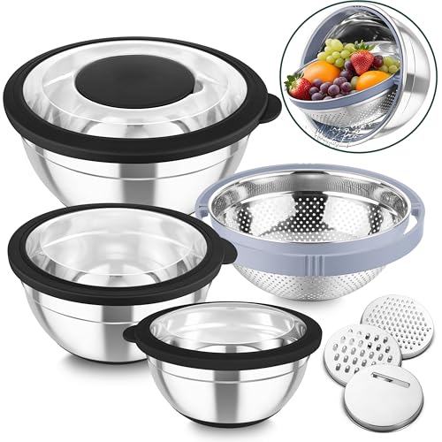TeamFar Mixing Bowls with Colander Set, Stainless Steel Strainer and Nesting Salad Bowls, with Lids & 3 Graters, Non-Slip Bottom & Visible Lid, Rotatable & Dishwasher Safe, 4.6/3/1.5 QT, Bla
