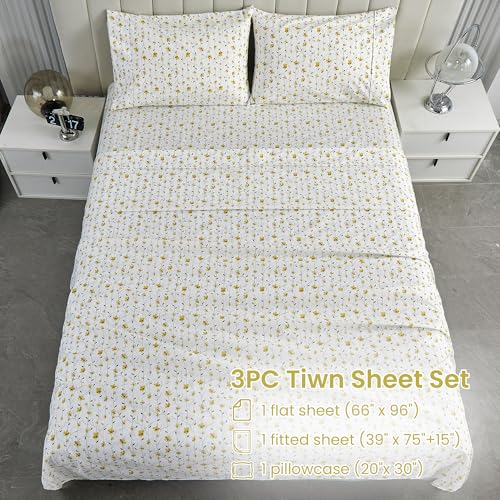 Image of Softan Yellow Floral Twin Size Sheet Set, 3-Piece Microfiber Fitted Bed Sheet with 15 inch Deep Pockets & Non-Slip Straps, Kids Girls Flower Patterned Bed Sheet & Pillowcase Set