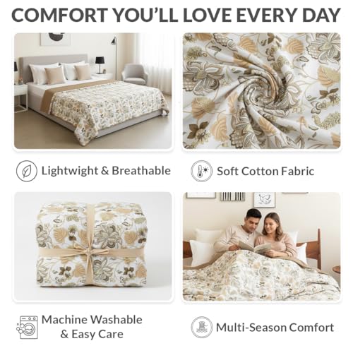 Image of HOMEMONDE 100% Cotton Reversible Dohar Double Bed Size | 300 TC AC Blanket Comforter | Soft Lightweight Bed Blanket Quilt (84 X 94 Inch, White & Dark Camel, Pack of 1)