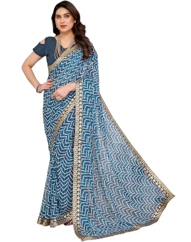 Image of Yashika Women's Printed Georgette Printed Saree With Lace Border and Blouse Material