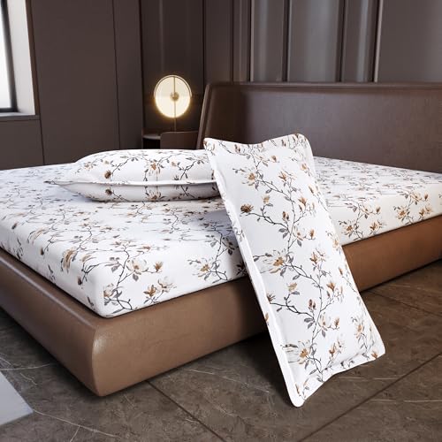 Image of Divine Casa Cotton King Size Bedsheet | 210 TC Soft Breathable Pigment Twill Satin Bed Sheet with 2 Pillow Covers | Luxury Bedding Set | 275 x 275 cm (White & Brown, Floral)