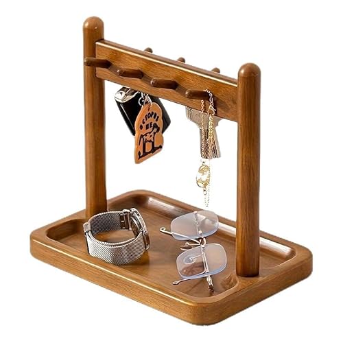 コスメ収納ボックス 1個 中国風リサイクルウッドオーガナイザートレイ フック付き ナチュラルブラウン 多目的収納棚 省スペース卓上オーガナイザー 下棚&上部ディスプレイ面付き リビングルーム・オフィス・寝室用デコレーションウッドトレイ(ダークブラウン)