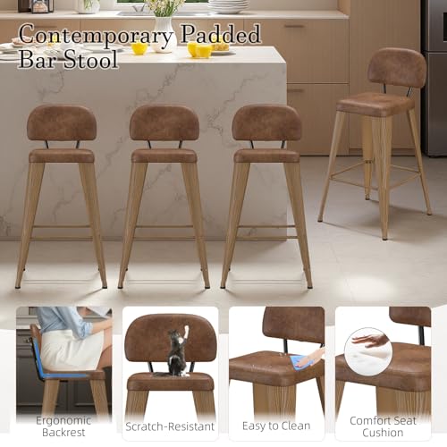 Image of 24 Inch Metal Bar stools Set of 4, Upholstered Counter Height Bar Stools with Removable Back & Metal Legs, Industrial Barstools for Kitchen Island, Cafe (Camel Seat, Wood-Grain Legs)