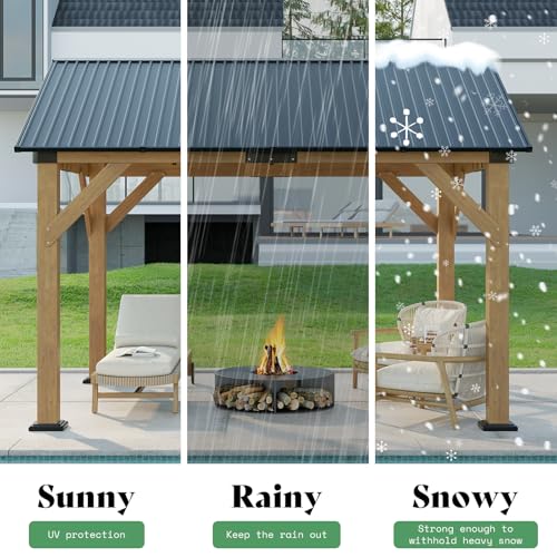 AMERLIFE 10x12 ft Spruce Wood Gazebo, Hardtop Pergola with Metal Steel Roof, Outdoor Gazebo with Guest House for Garden, Porch, Patio, Black + Natural Wood