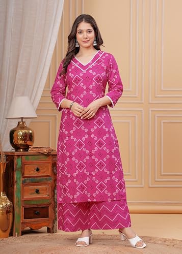 Image of MEERA FAB Women's Pure Cotton Bandhani Printed Kurta with Palazzo & Dupatta