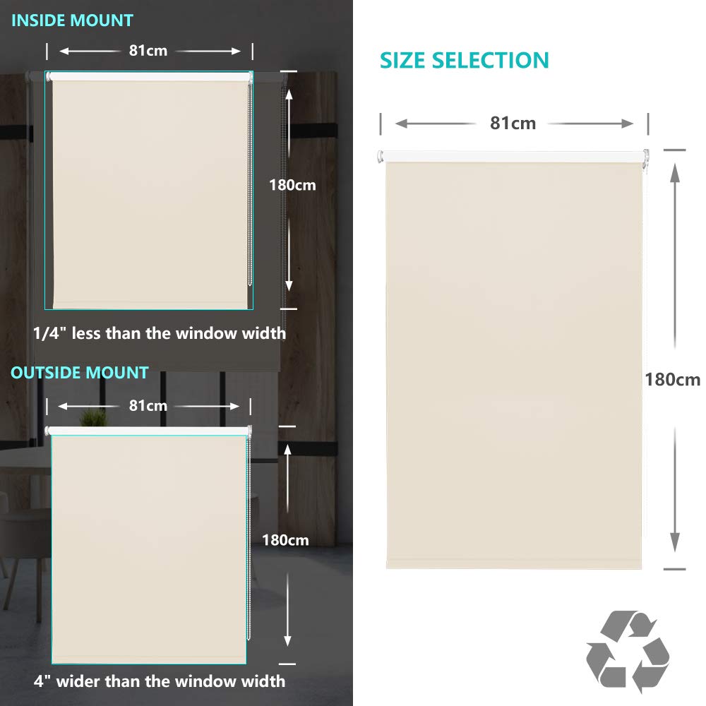 LUCKUP Tenda a rullo 100% oscurante, in tessuto impermeabile, isolamento termico, protezione dai raggi UV, per camere da letto, salotti, bagni e ufficio, facile da installare (81 x 183 cm, panna)