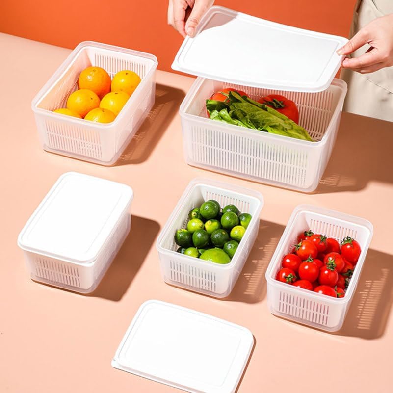 ABOOFAN Refrigerator Storage Box with Drain Basket Multi-Functional Food Storage Container for Fruits and Vegetables 7.08X5.11X3.34 Inches Kitchen Refrigerator Organizer