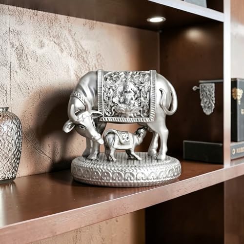 Image of MIND CIRCUS 999 Pure Silver Plated Kamdhenu Cow Idol | 2.5 inch to 6 Inch Vastu Home Decor for Pooja Room & Mandir | Symbol of Prosperity & Abundance | Ideal Religious & Spiritual Gift (2 Inch)