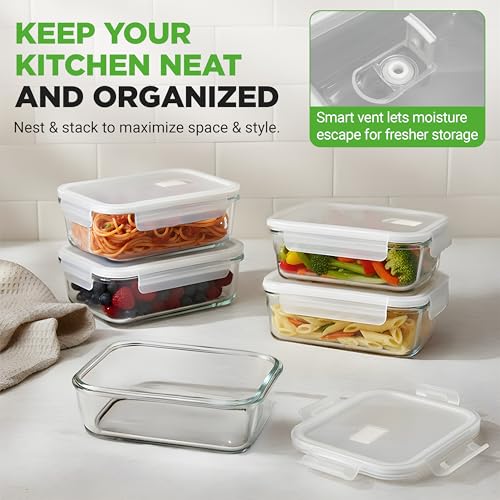 Image of NutriChef 5-Piece 30 oz Reusable Glass Meal Prep Containers - Stackable Kitchen Storage Containers for Food, 4-Side Locking Plastic Lids w /Vent Hole - Easy to Clean, Dishwasher Safe (Flat)