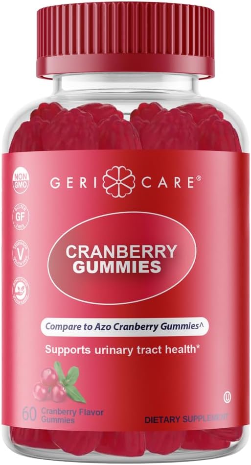 GeriCare Cranberry Gummies Compare to Azo, Naturally Sourced Cranberry Extract for UTI & Bladder Health, Antioxidant Support, Non-GMO | Gluten-Free | Vegan | Gelatin-Free | Naturally Sourced, 60 Count