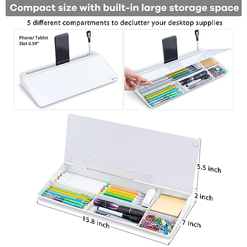 White Glass Desk Whiteboard with Storage for Home Office and School Supplies
