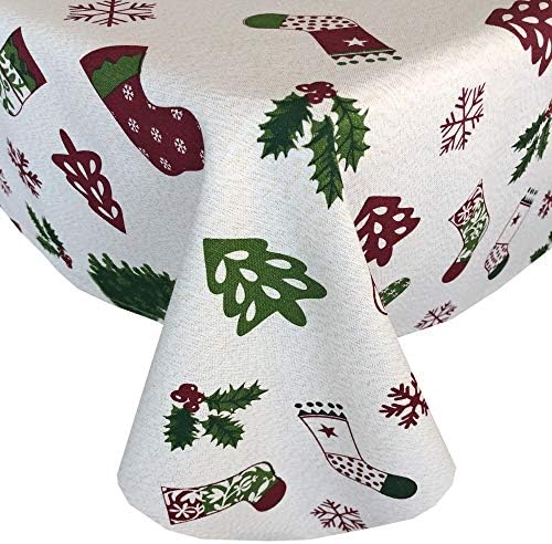 Lintex Christmas Stockings Metallic Holiday Fabric Tablecloth, 100% Cotton, Christmas Novelty Metallic Print Tablecloth, 70 Inch Round