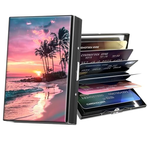 ACWDMKH Metal Wallet,Credit Card Holder for Women Men,RFID Blocking Card Holder Wallet Mini Slim Aluminum Wallet ID Case Hard Card Case Business Card Holder Case,Pink Sunset Sea Beach