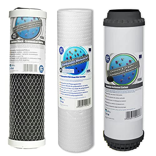 Kit di ricambio filtri universale da 10 per manutenzione impianto ad osmosi inversa 4 stadi - (3pcs: Sedimenti, Carbone Attivo Granulare, CTO Carbon Block. No membrane) - MADE in EUROPA