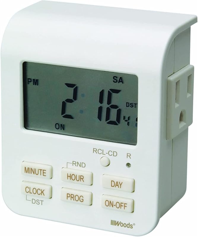 Southwire Woods 7-Day Indoor Heavy Duty Digital Timer - Dual Outlets - Energy-Saving Digital Timer - LED Compatible - Easy-to-Use Electrical Devices Timer - White