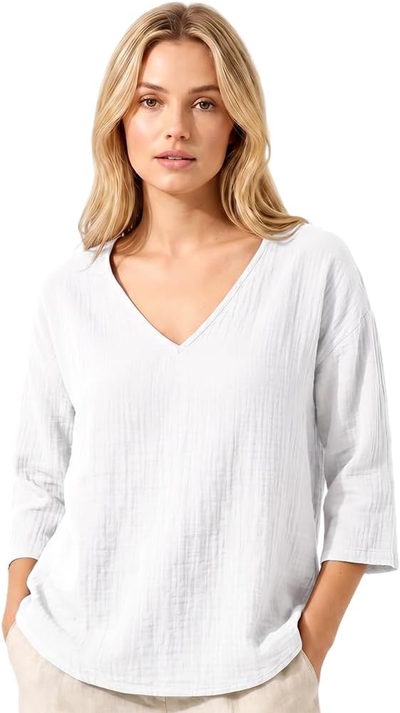 Womens Summer Linen Style Tops, Half Sleeve V Neck Line Style Shirt, Loose Lightweight Casual Tops for Women