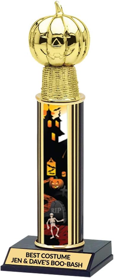 Custom Halloween Trophy with Pumpkin, Haunted House Graphic Column, Free Engraving & Plate Included, 10 Inch Tall