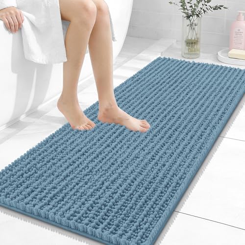 Image of OLANLY Long Bathroom Rugs Runner 47x20, Thick Soft and Absorbent Chenille Bath Mat, Non-Slip, Machine Washable Quick Dry Bath Rugs for Tub Shower Floor, Home Decor Accessories, Airy Blue