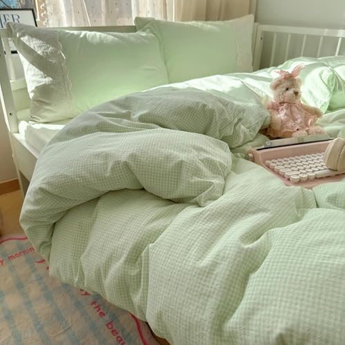 VM VOUGEMARKET Green White Checked Comforter Set Full 3 Pieces Lace Bedding Set Simple Cozy Mini Plaid Gingham Comforter Quilt with 2 Lace Pillowcases for Girls Women by VM VOUGEMARKET - Used condition - Image 7