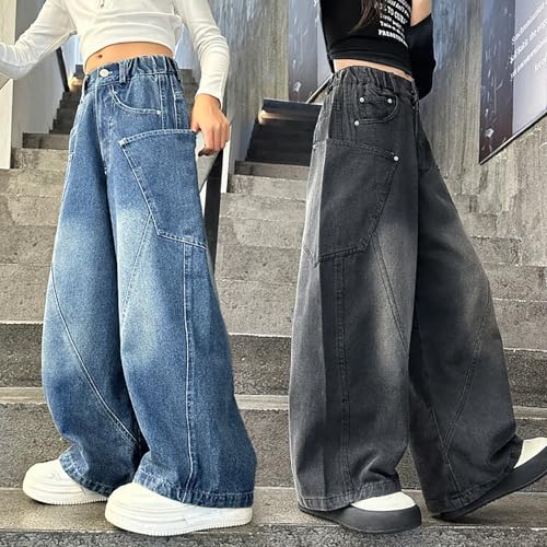 Girls Baggy Jeans Kids Elastic High Waisted Wide Leg Denim Pants Casual Y2K Trousers with Pockets 5-16 Years4